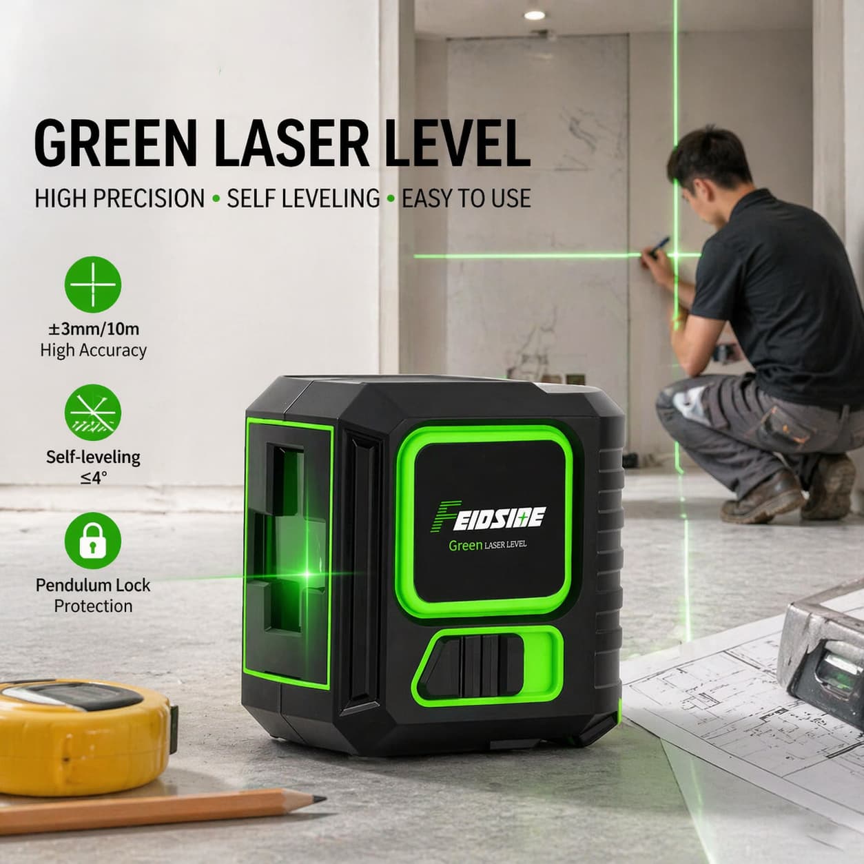 Portable 2-Line Green Beam Level Laser with Strong Light Fine Line Auto-Leveling Mini Design, Compatible with 2 AA Batteries