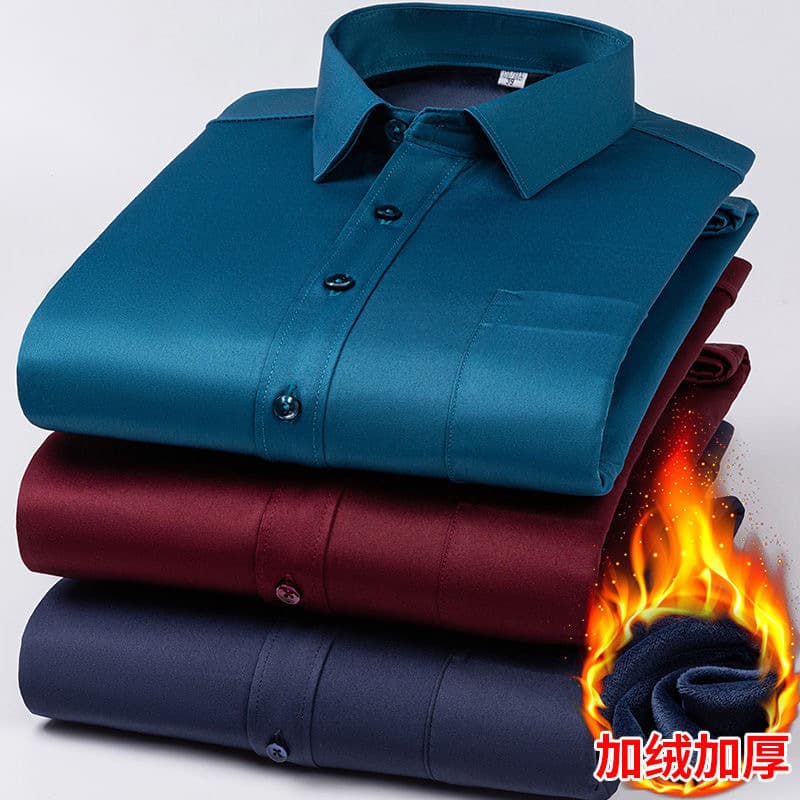 Winter men's fleece lined thickened four-way stretch non-iron shirt long sleeve business formal professional solid color warm shirt