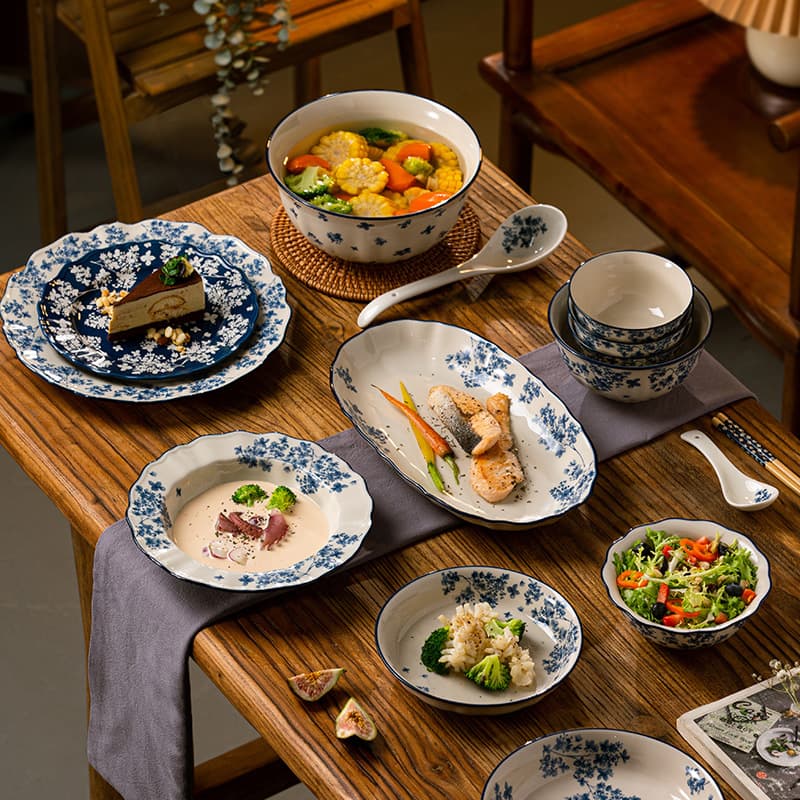 Jialan ceramic tableware and dishes set household blue and white porcelain bowls and dishes Chinese rice bowl plate glaze color soup bowl