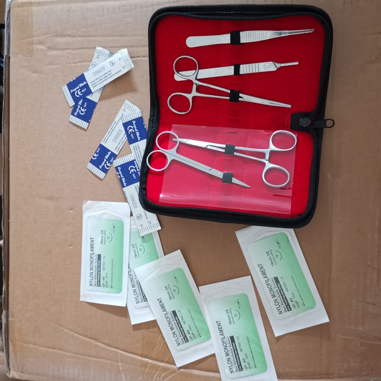 Oral suturing practice kit, instrument kit, surgical suturing training operating tools and materials, pliers, tweezers, needle and thread