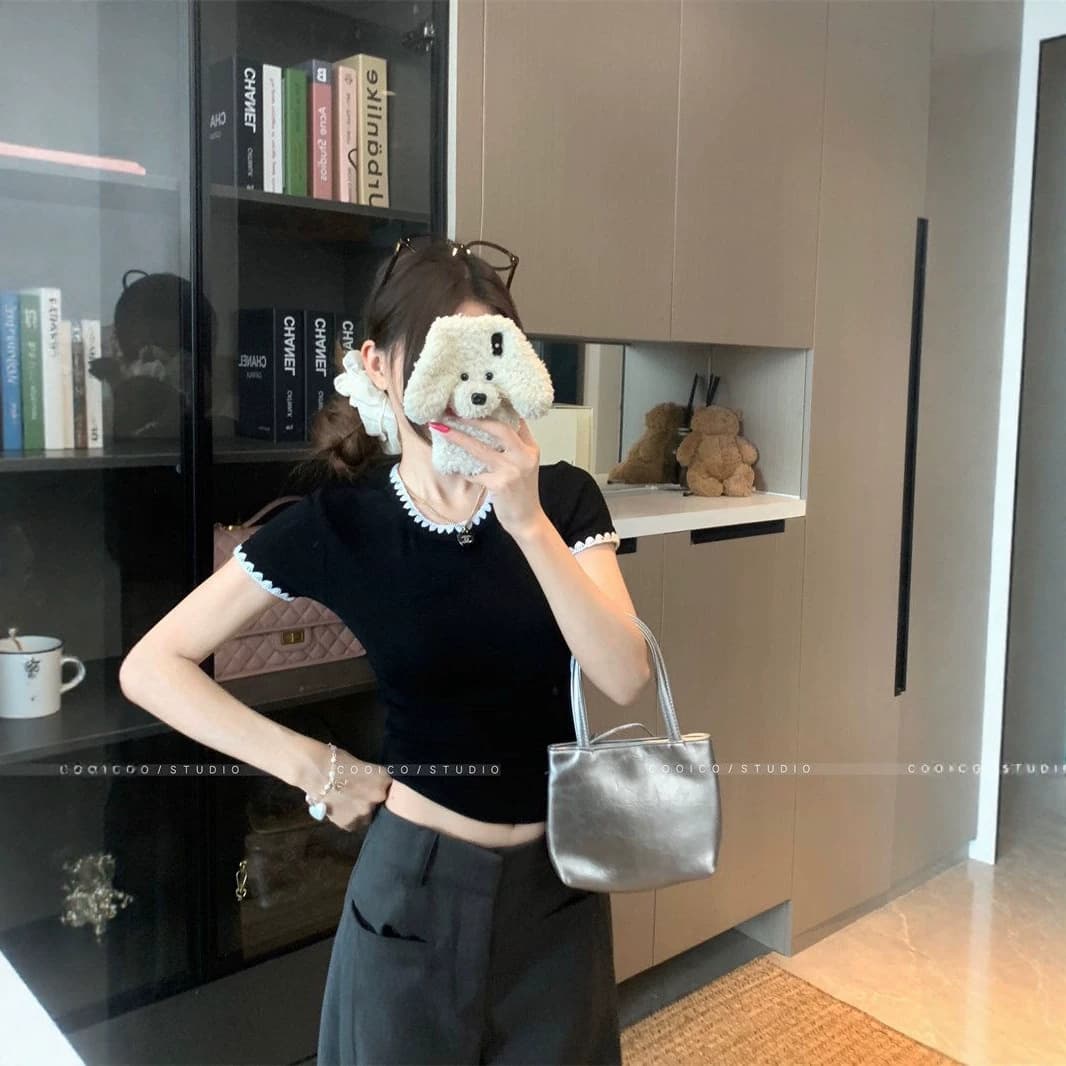 Edgy Contrast Color Fitted Cropped Top Summer Regular Shoulder T-Shirt Trendy Ins Style Short Sleeve