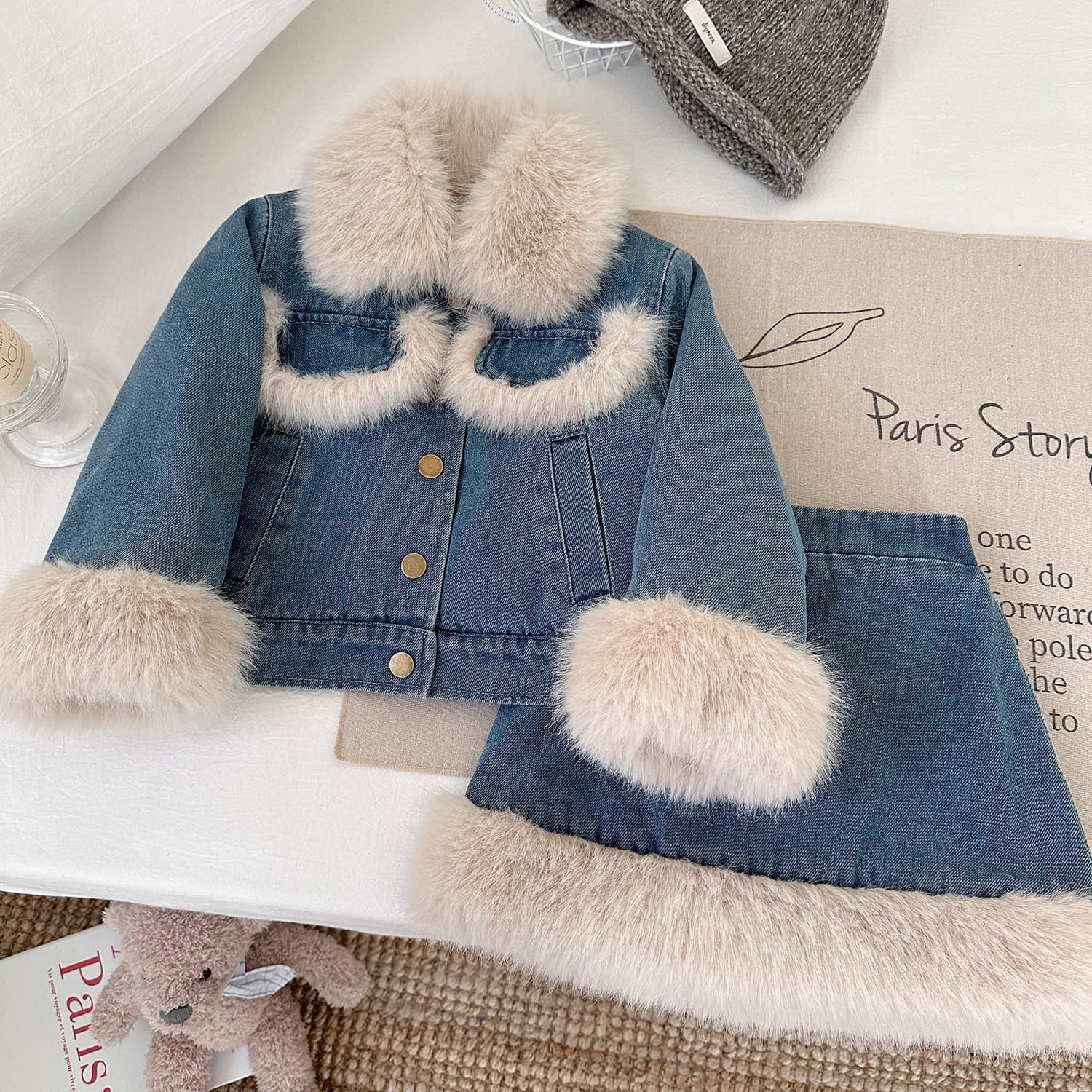 2025 Winter New Korean Girls' Fleece-Lined Denim Set, Kids' Thick Coat with Cotton Skirt, 2-Piece Set, Trendy