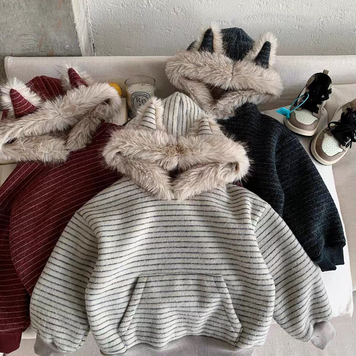 Children's Hoodie Boys with Fleece Winter Style Girls Bunny Ear Top Baby Thickened Striped Jacket Warm