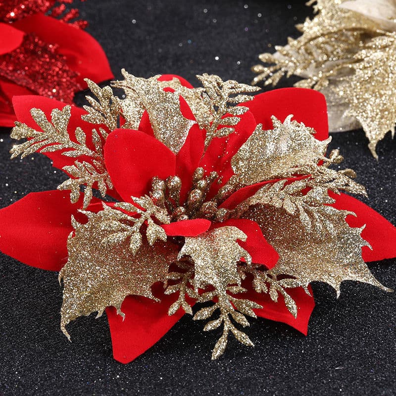 Christmas Decorative Flowers Red Artificial Flowers Christmas Wreath Accessories Holiday Christmas Tree Decoration Gold Powder Christmas Flowers