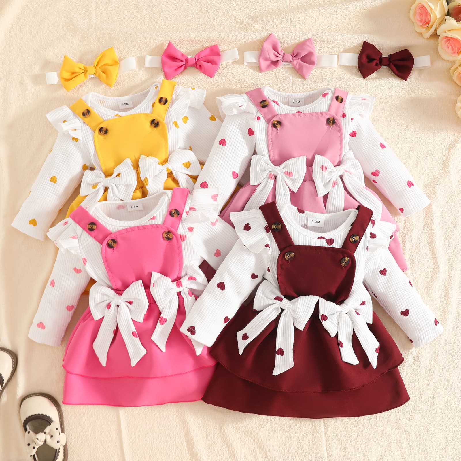 Foreign trade 0-1 year old baby girl autumn and winter pit strip love long-sleeved triangle hoodie + bow suspender skirt + headband set