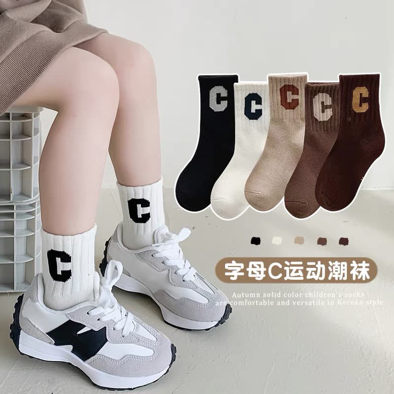 Kids Socks Spring and Autumn Korean Style Ins Letter C Boys Trendy Socks Pure Cotton Girls Autumn and Winter Sports Mid-Calf Socks