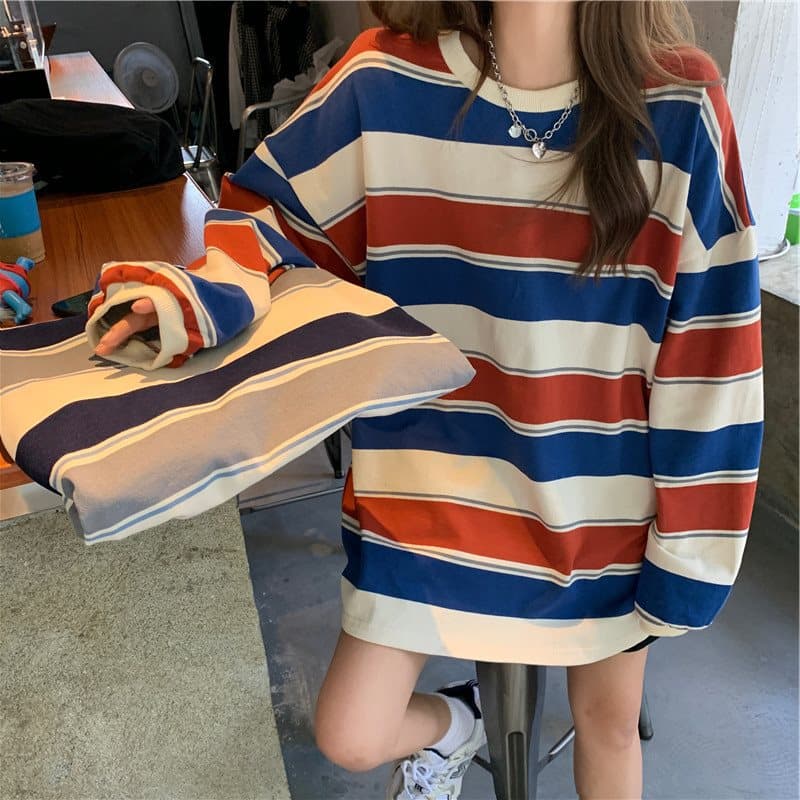 Striped chic sweatshirt for women 2021 new spring and autumn thin trendy ins loose Korean style bf lazy style large size women's T-shirt