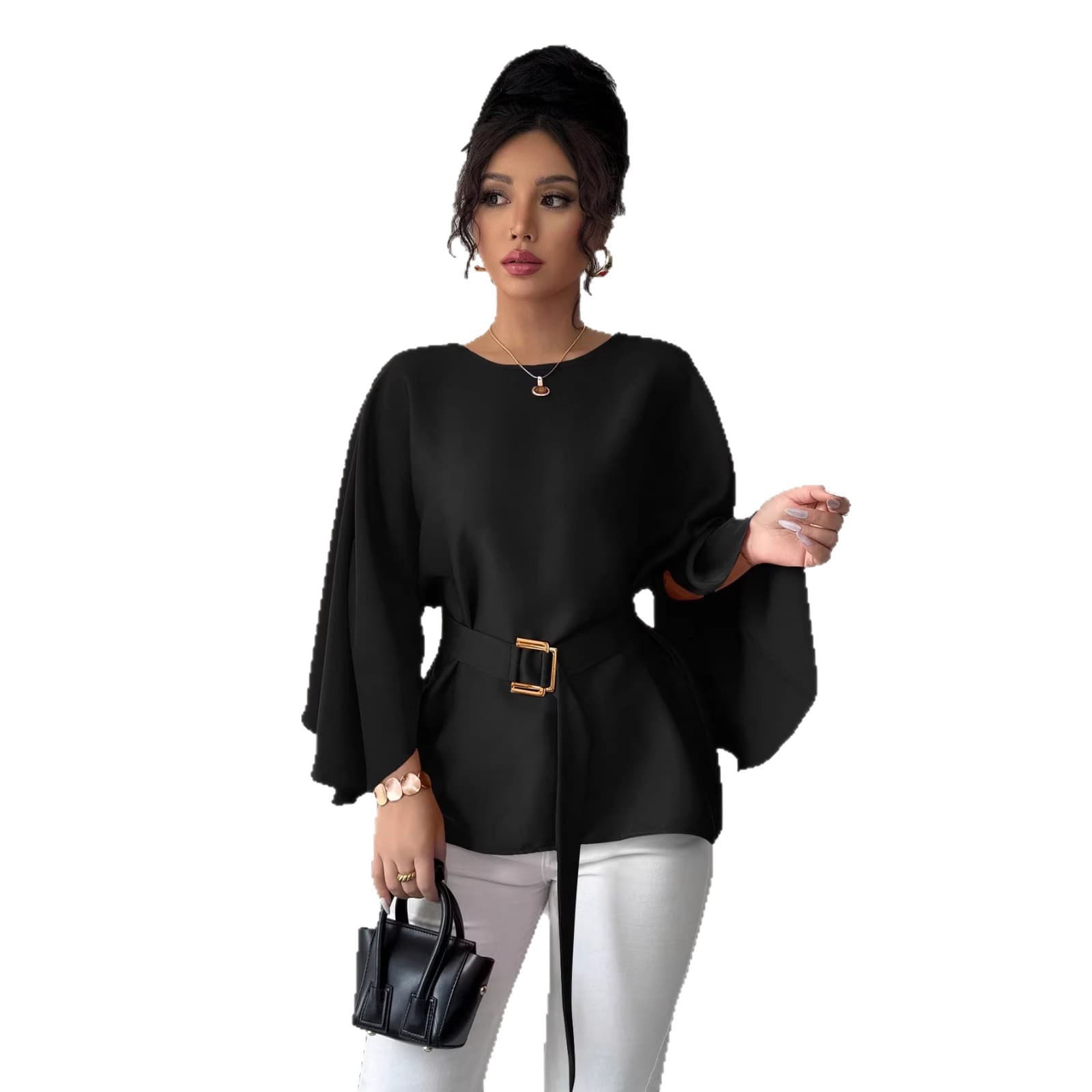 2026 Cross-Border EU-US Amazon New French Vintage Flared Sleeve Round Neck Elegant Slimming Design Top