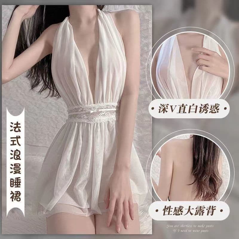 Plus Size Sexy Lingerie Deep V Low-Cut See-Through Mesh Tempting Pure Desire Style Nightgown Uniform Set Women Drop Shipping