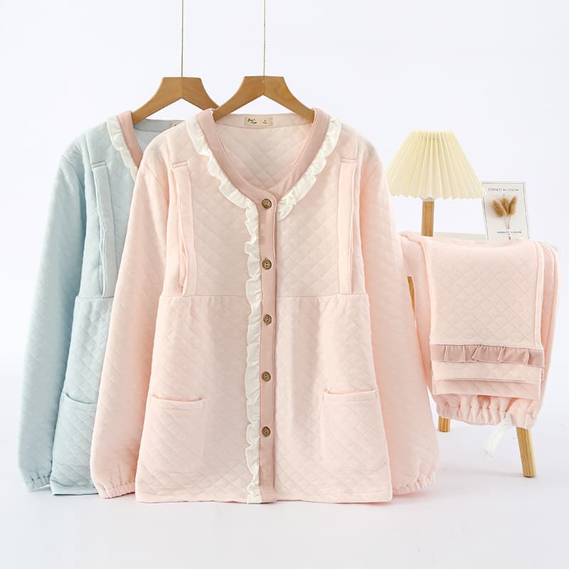 Autumn/Winter Thickened Air Cotton Women's Postpartum Nursing Maternity Suit, Cotton-Padded Maternity Breastfeeding Cardigan Homewear Set