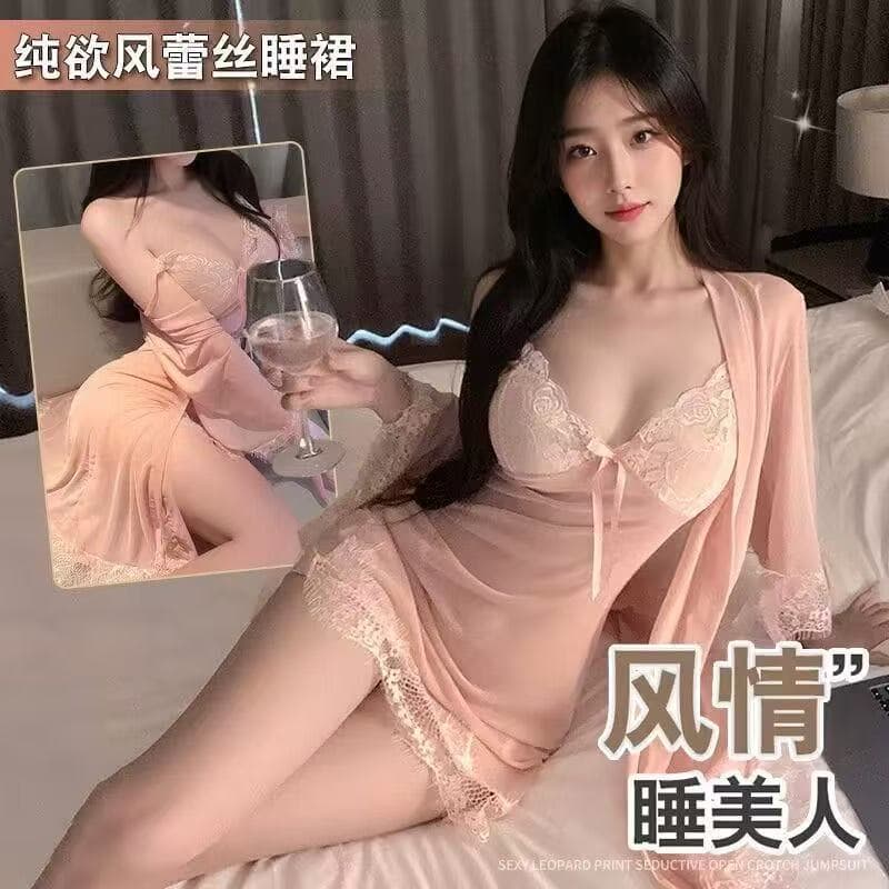 Plus Size Lingerie Home Sleepwear Passion Set Sexy Transparent No-Removal Nightgown Uniform Temptation 3-Piece Set