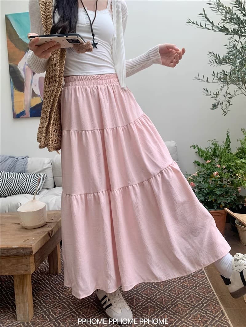 Tiered Skirt with Lining and Elastic Waist, A-Line French Style Puffy Cake Long Skirt