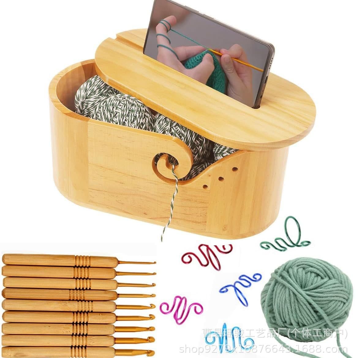 Wooden Yarn Bowl for Hand Knitting, Spool Holder Storage Box, Solid Wood Crochet Yarn Organizer