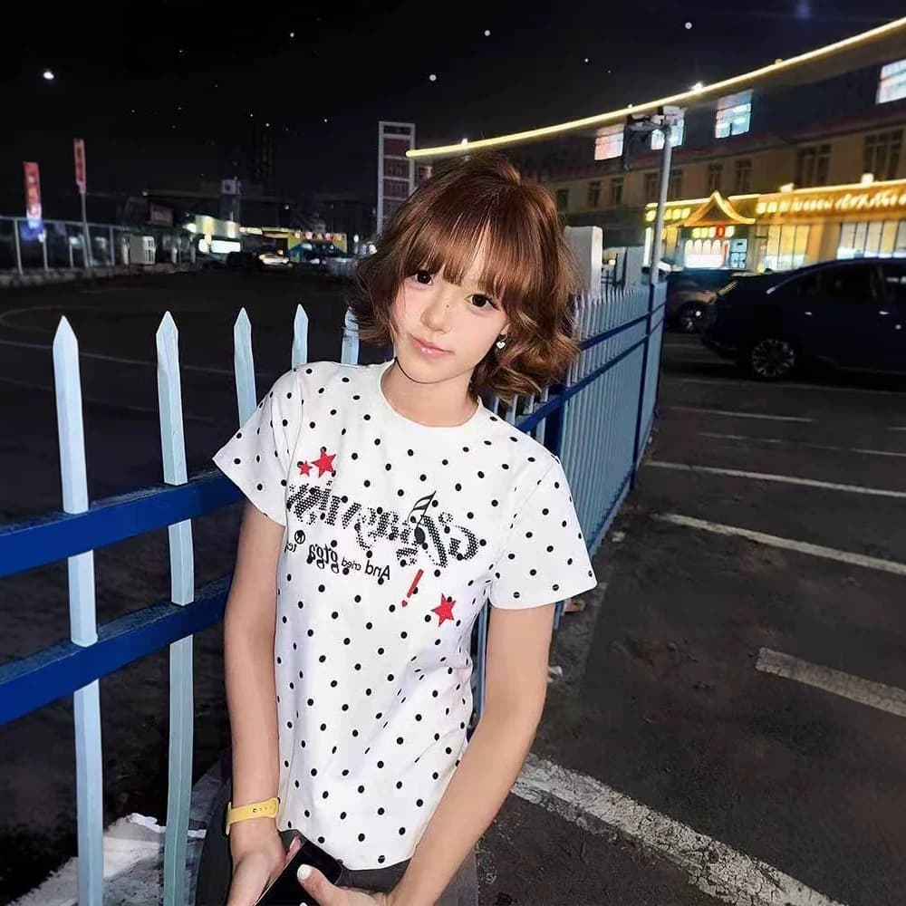 2026 Summer Polka Dot Letter Print Short-Sleeve T-Shirt for Women, New Slim Fit Versatile Sweet Style White Top