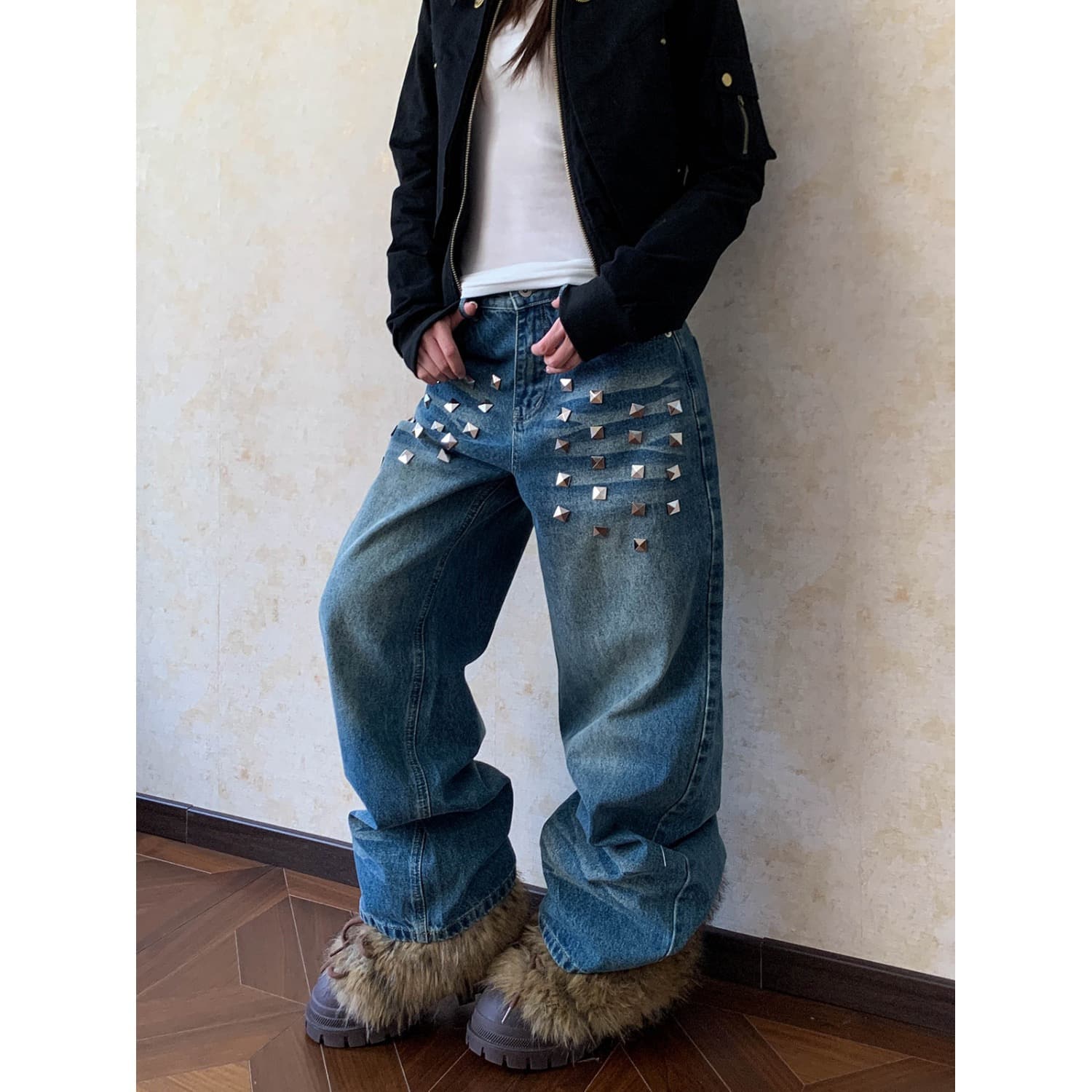 Cross-border American Retro Washed Rivet Jeans for Men and Women, Trendy Streetwear, Loose Fit, Slimming, Draped Long Pants