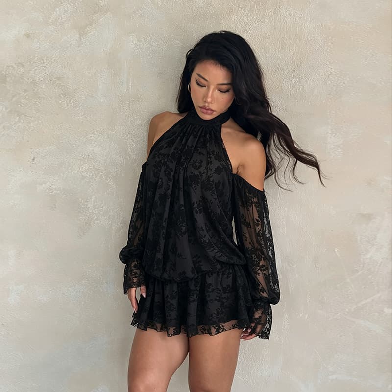 ZM26459 European & American Cross-Border New Halter Mini Velvet Mesh Dress, Sexy Pure Desire Style Off-Shoulder Dress for Women
