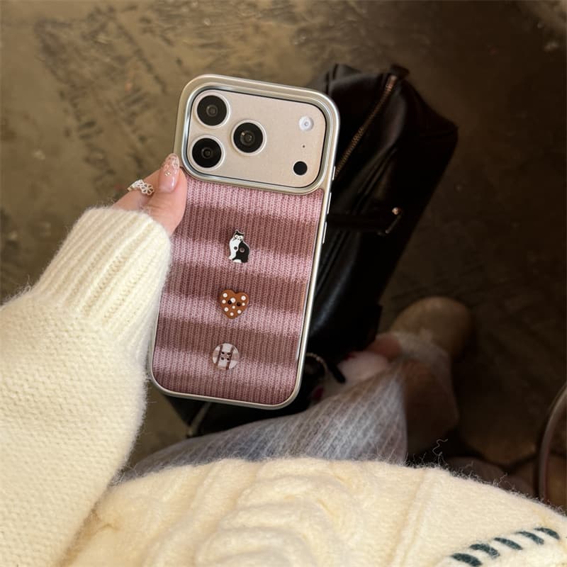 Pink Brown Ins Love Cat Case for iPhone 17 Pro Max, Compatible with Apple 15 Pro 16, Silver Edge Resin Protective Cover 14