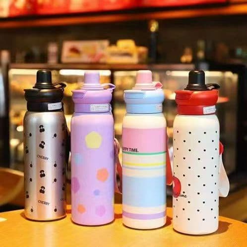 316 Stainless Steel Insulated Cup with Dual Drinking Straws, Portable Carry Rope, Student Outdoor Sports Water Bottle, Soft and Cute Design