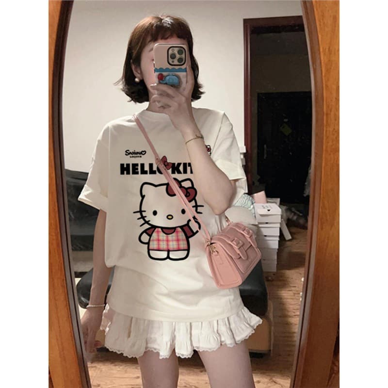 Sweet and Cute Hello Kitty Cat Round Neck Printed T-Shirt Short Sleeve Women's Summer White Loose Pure Cotton Top Fashion