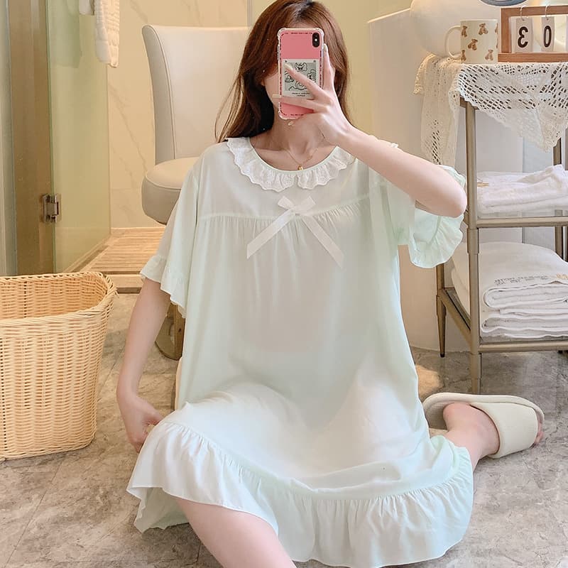 Summer Short Sleeve Lace Sleep Dress for Women, Thin Princess Style Cotton Silk Pajamas, Sweet Girl Nightgown