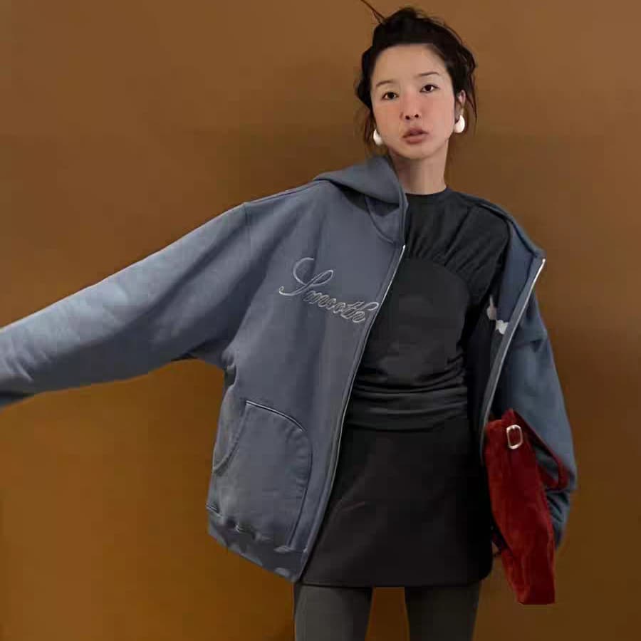 In Stock 2025 Winter New Korean Dongdaemun Smooth*ood Fleece-Lined Letter Hooded Zip-Up Sweatshirt Jacket for Women
