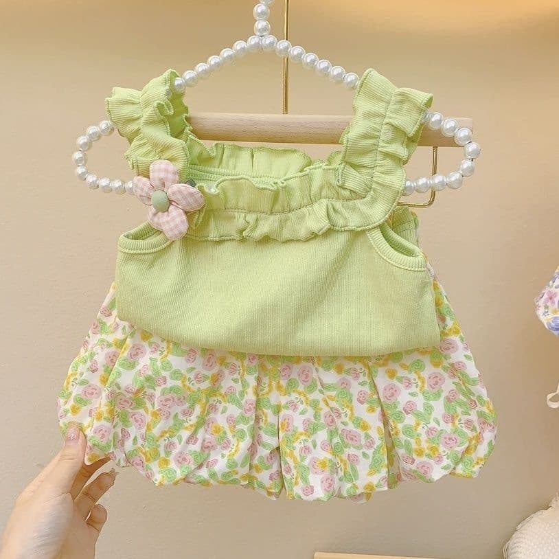 Girls Summer Fashion Lace Strap Top Baby Sleeveless Vest Floral Bloomer Pants Two-Piece Set Infant Summer Clothing