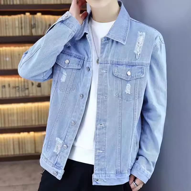 Factory Source Spring/Autumn Denim Jacket Men Casual Ripped Jeans Korean Style Loose Fit Jacket Cross-border