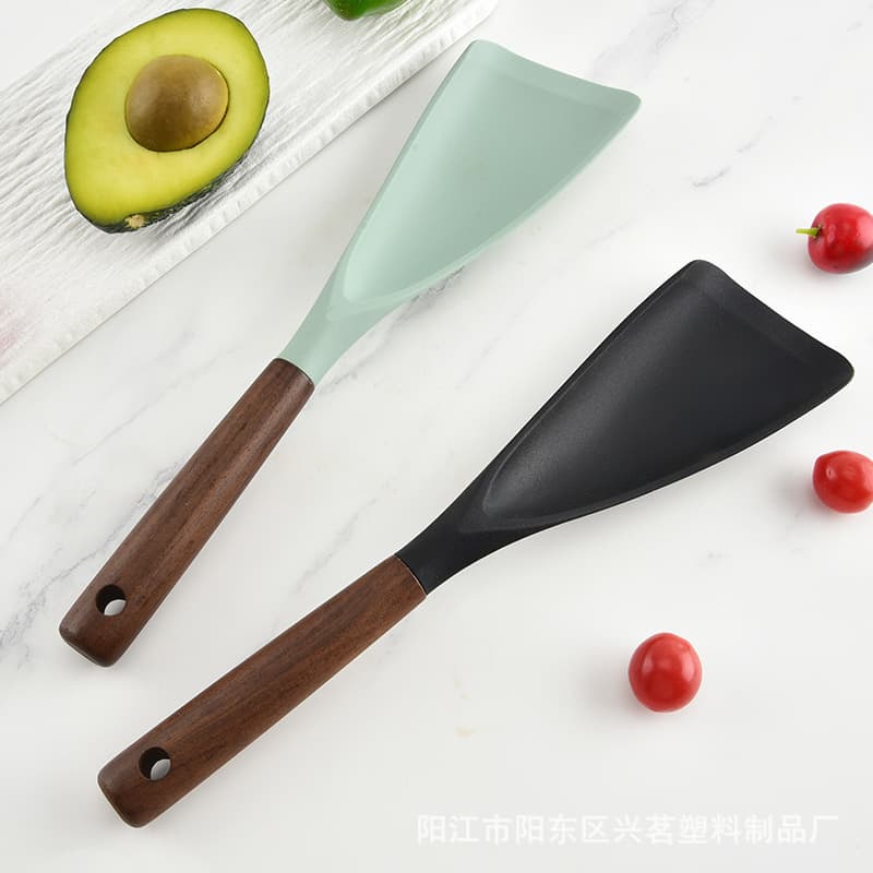 Cross-border Large Wooden Handle Salad Spatula High Temperature Resistant Food Grade Silicone Kitchen Utensil Cooking Spatula Spoon Non-stick Pan Silicone Kitchen Utensil