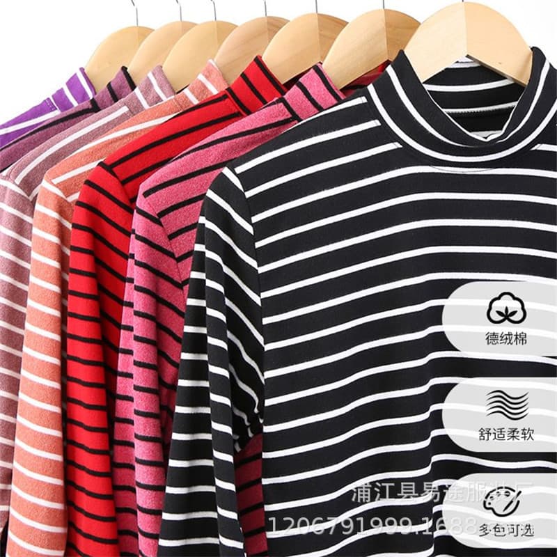 2025 new German velvet brushed middle-aged and elderly striped base layer, thermal elastic round neck long-sleeve t-shirt, mom's outfit.