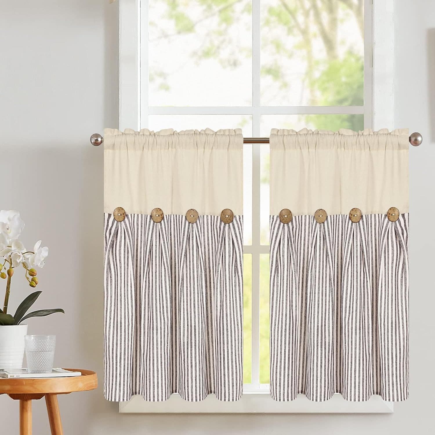 Cross-border ready-made rod-pocket cotton-look rustic style button café curtain short panel