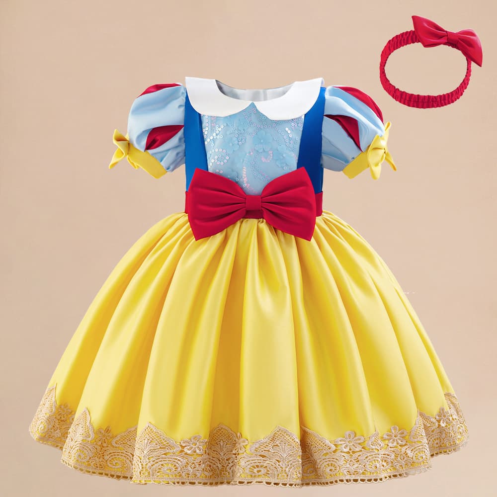 New European and American Snow White Dress, Baby First Birthday Color-Block Cos Mesh Skirt, Children's Holiday Performance Gown