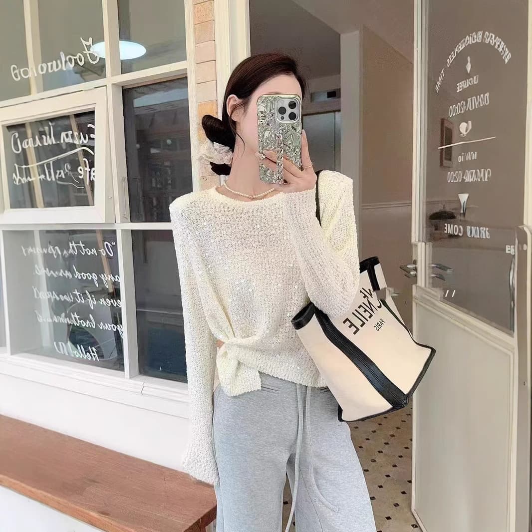 New Spring and Autumn Knitted Sweaters with Slits and Straps, Long Sleeves for Women, Niche Sequin Casual Slim Tops and Sweaters