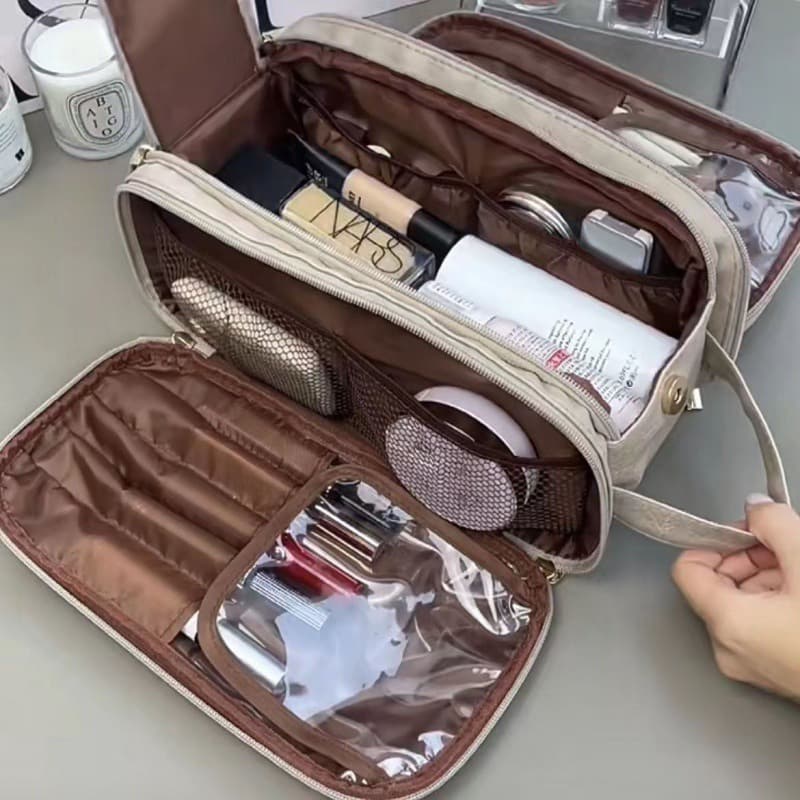 New Pu Portable Cosmetic Bag Travel Storage Large Capacity Cosmetic Storage Double Layer Portable Handbag