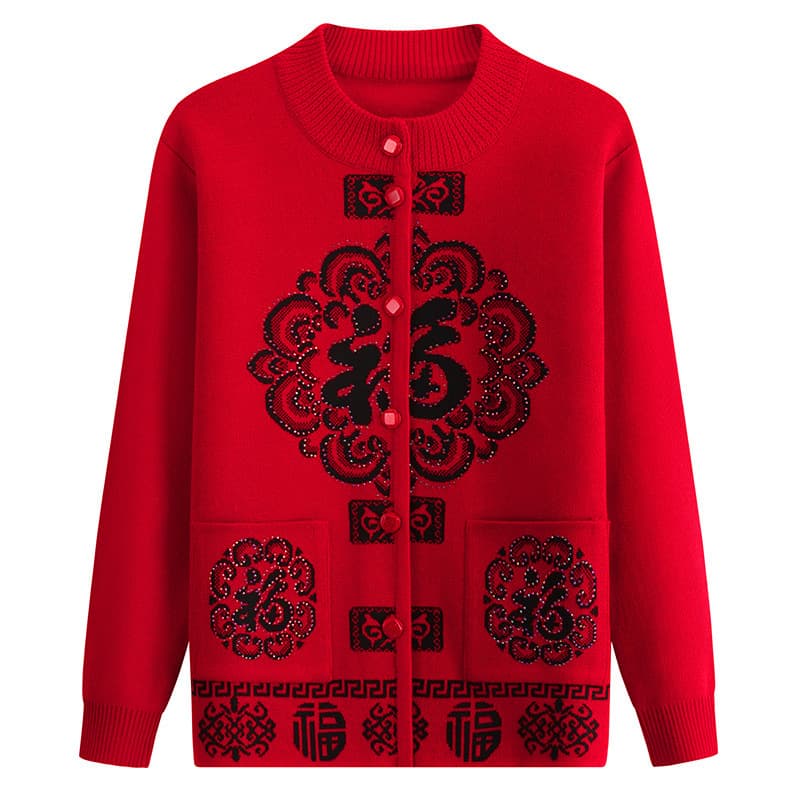 Spring and Autumn Knit Cardigan for Elderly Women, Thick Fleece-Lined Jacket for Mothers Ages 70-80, Winter Warm Outerwear