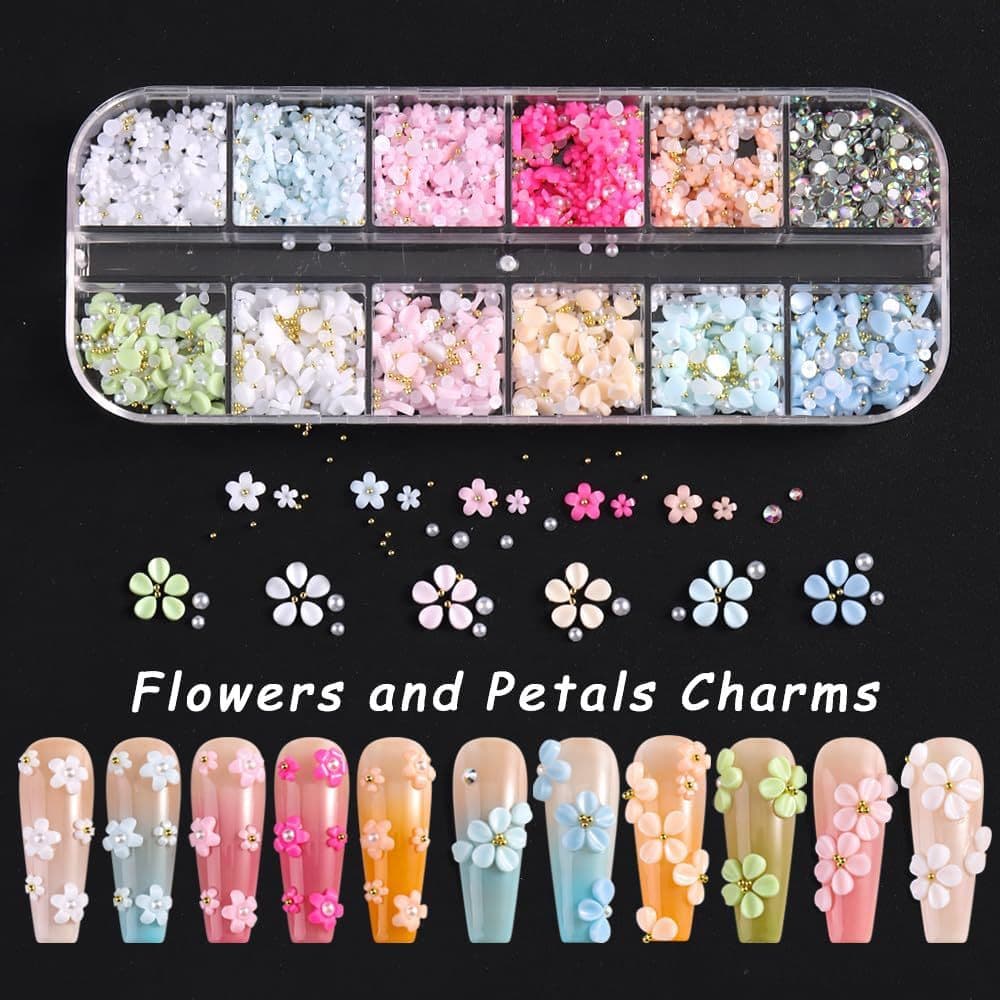 12-Grid Mixed Color Five-Petal Flower and Round Bead Nail Art Charms Macaron Color Resin Mini Flower Pearl Steel Bead Ornaments