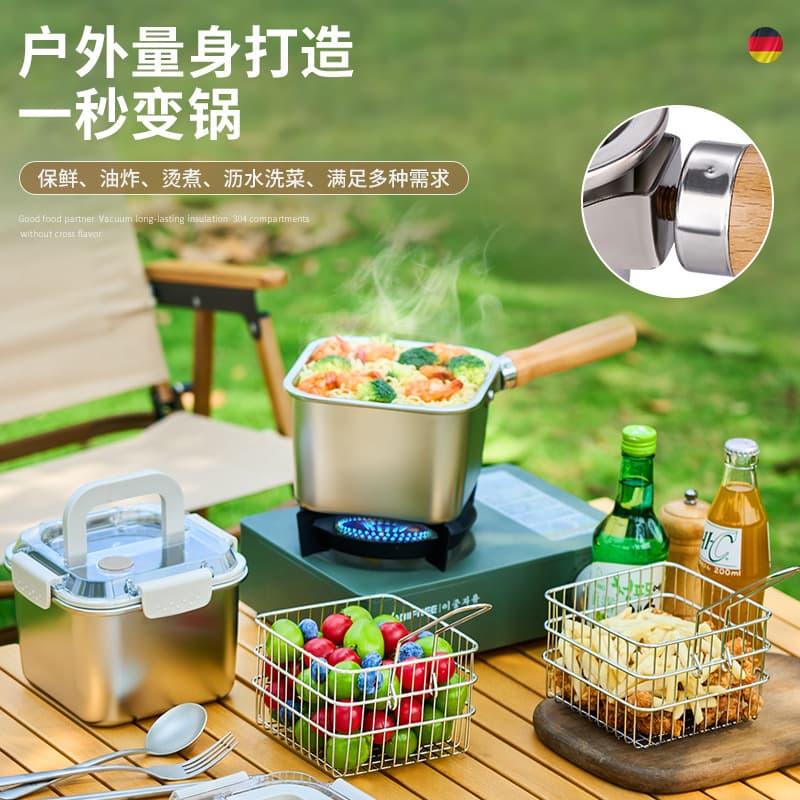 Cross-border Stainless Steel Fryer Outdoor Camping Food Container Noodle Cooking Pot Milk Pot Refrigerator Storage Box Portable Lunch Box
