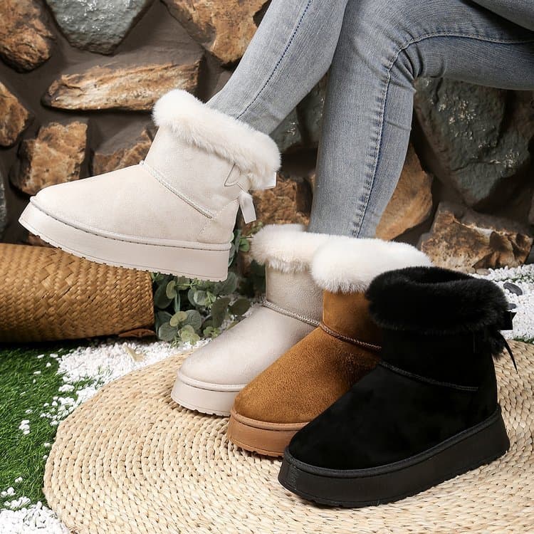 2025 Winter New Snow Boots for Women, Thick Sole with Bow, Fleece-Lined, Thickened, Warm, and Anti-Slip