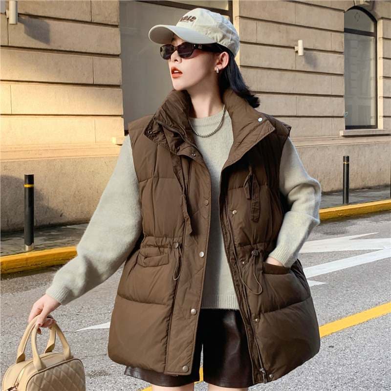2024 Autumn/Winter Women's Down Vest, Casual Waist-Defining Warm Outerwear, Plus Size Loose White Duck Down Vest Jacket