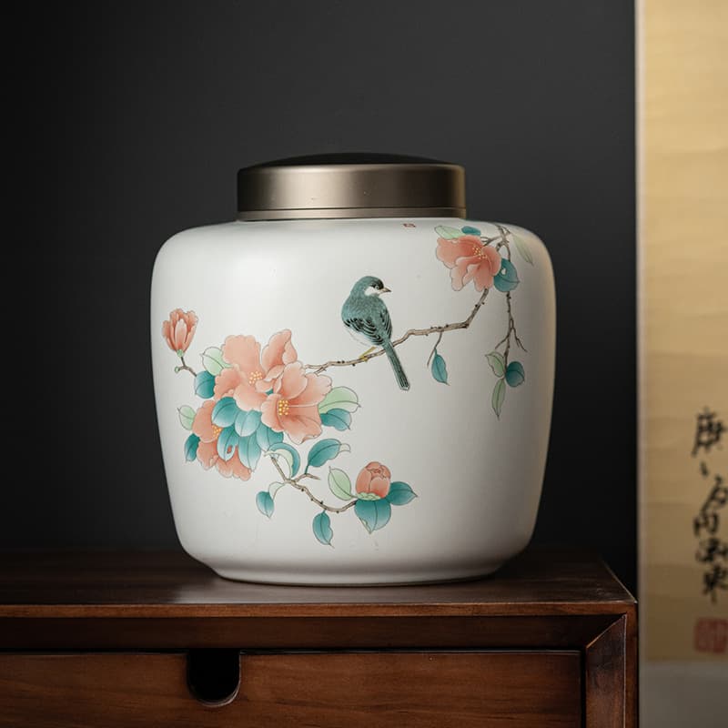 Ceramic Tea Canister Large Sealed Tea Jar Gift Box Double-Layer Metal Lid Silver Needle Pu'er Tea Storage Container
