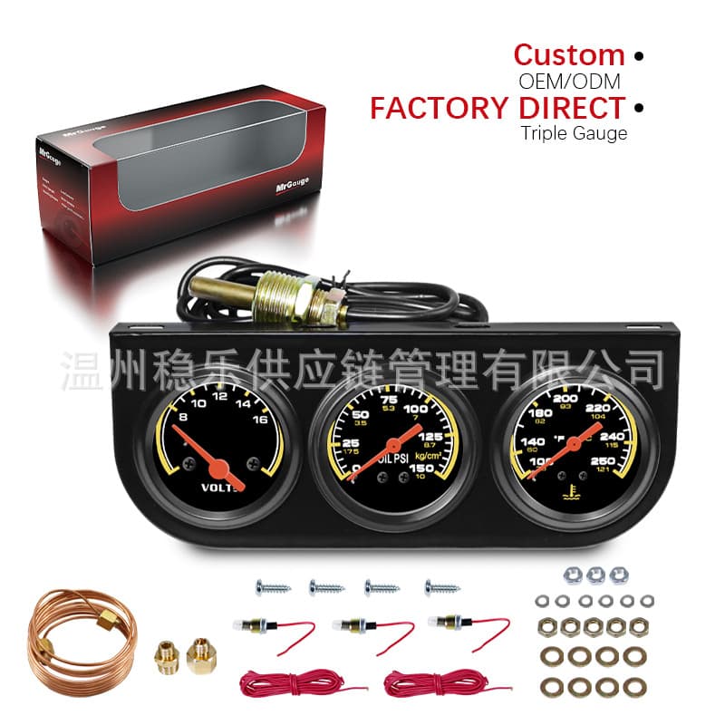 Universal Triple Gauge Set Mechanical Oil Pressure Voltage Water Temperature Gauge 52MM Modified Car Dashboard