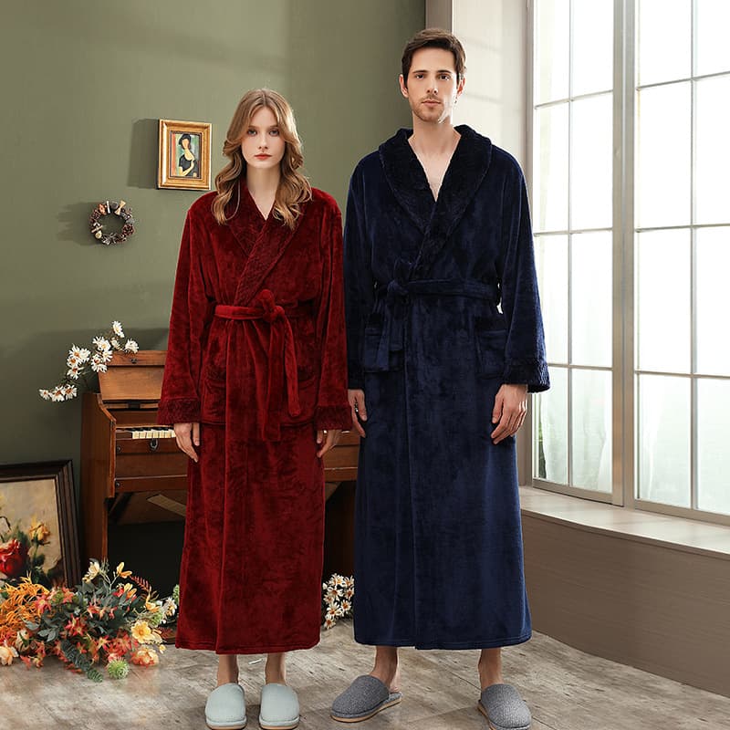 Double-Layer Thickened Couple Bathrobe Long Robe for Women and Men, Coral Fleece Winter Sleepwear, Ankle-Length