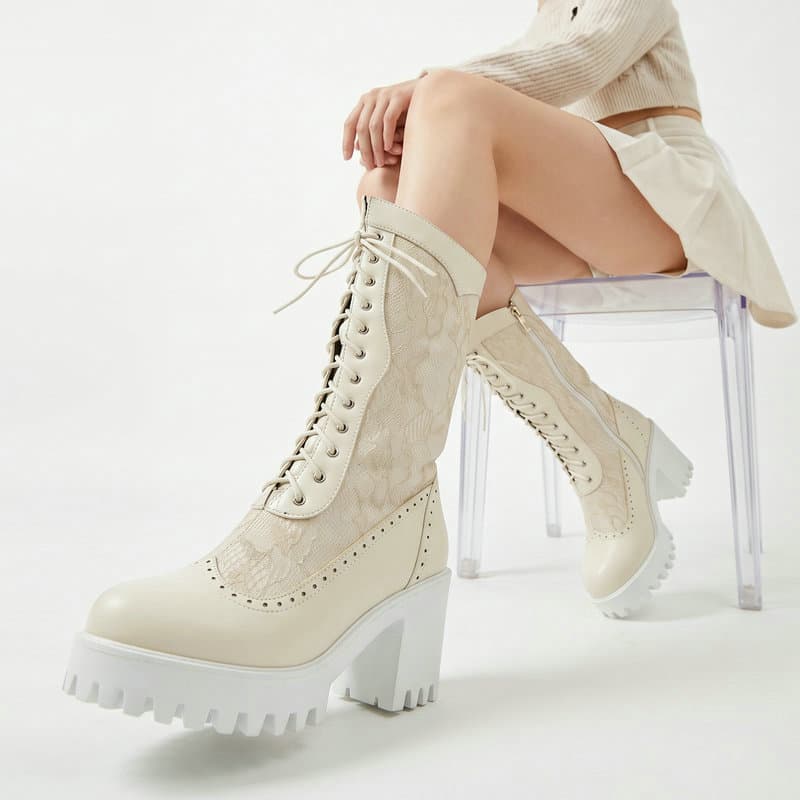 Sweet-Cool Lace Patchwork Martin Boots for Women, Chunky Heel Thick Sole Heightening Mid-Calf Boots, Spring/Autumn Hollow Breathable Lace-Up Motorcycle Boots
