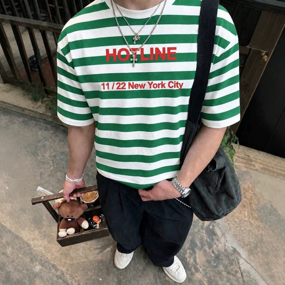 Men's green and white horizontal striped New York letter printed short-sleeved T-shirt summer loose retro casual trendy round neck