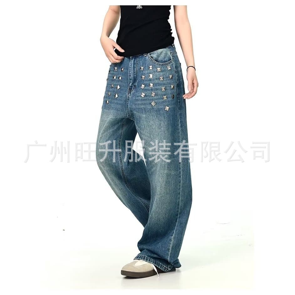 Cross-border foreign trade American retro blue lightning pattern rivet jeans spring and autumn loose personality street wide-leg trousers