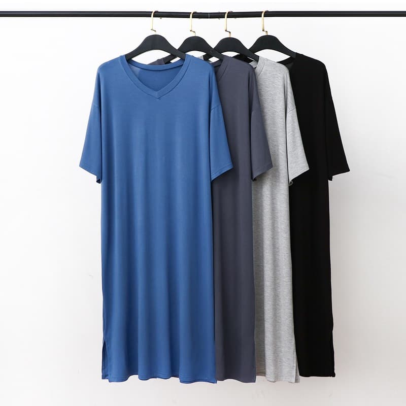 V-Neck Modal Nightgown Men's Summer Thin Nightgown Long Robe Pajamas Loose Home Clothes Bathrobe Mid-Length