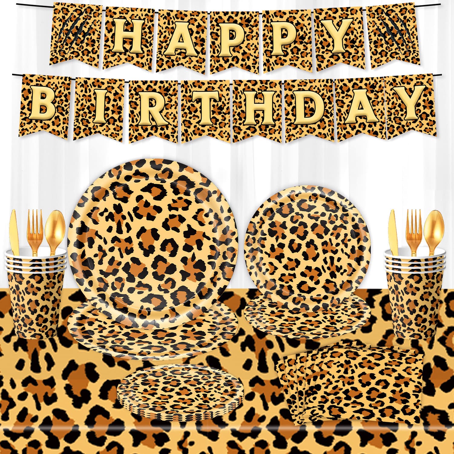 Cross-Border Hot Selling Gold Leopard Print Theme Birthday Party Decoration Tableware Supplies Disposable Paper Plates Banner Four-Piece Set