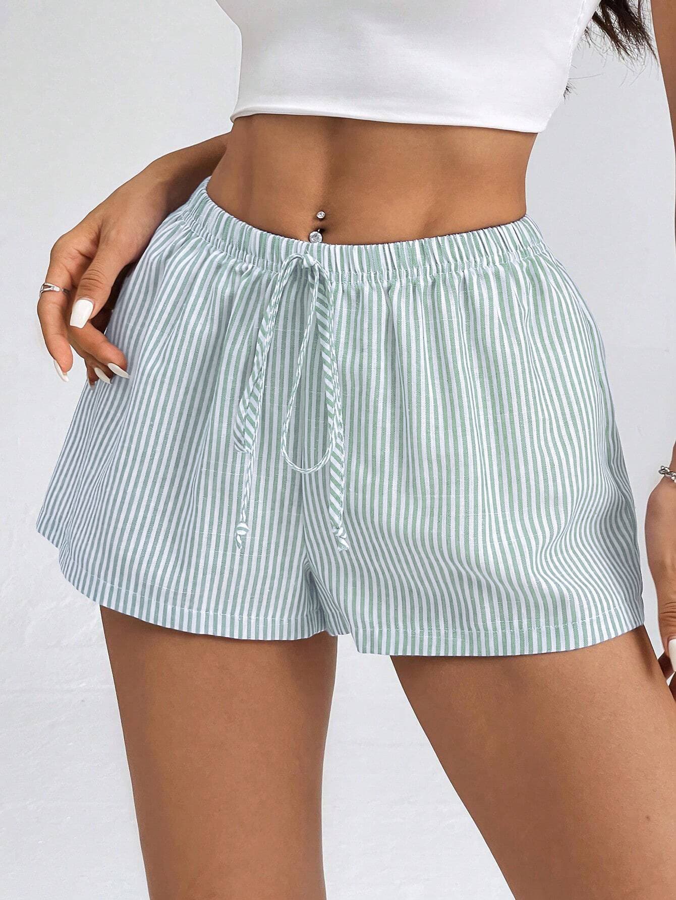 Cross-border Trade Pure and Basic Light Striped Elastic Waist Tie Casual Versatile Home Pants for Girls Loose Fit Slimming