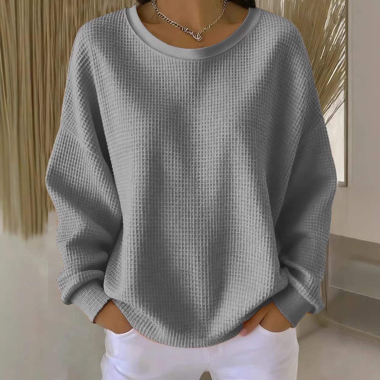 Cross-border Amazon EU/US Loose Casual Printed Round Neck Long Sleeve T-Shirt Single-Sided Waffle Women's Long Sleeve T-Shirt