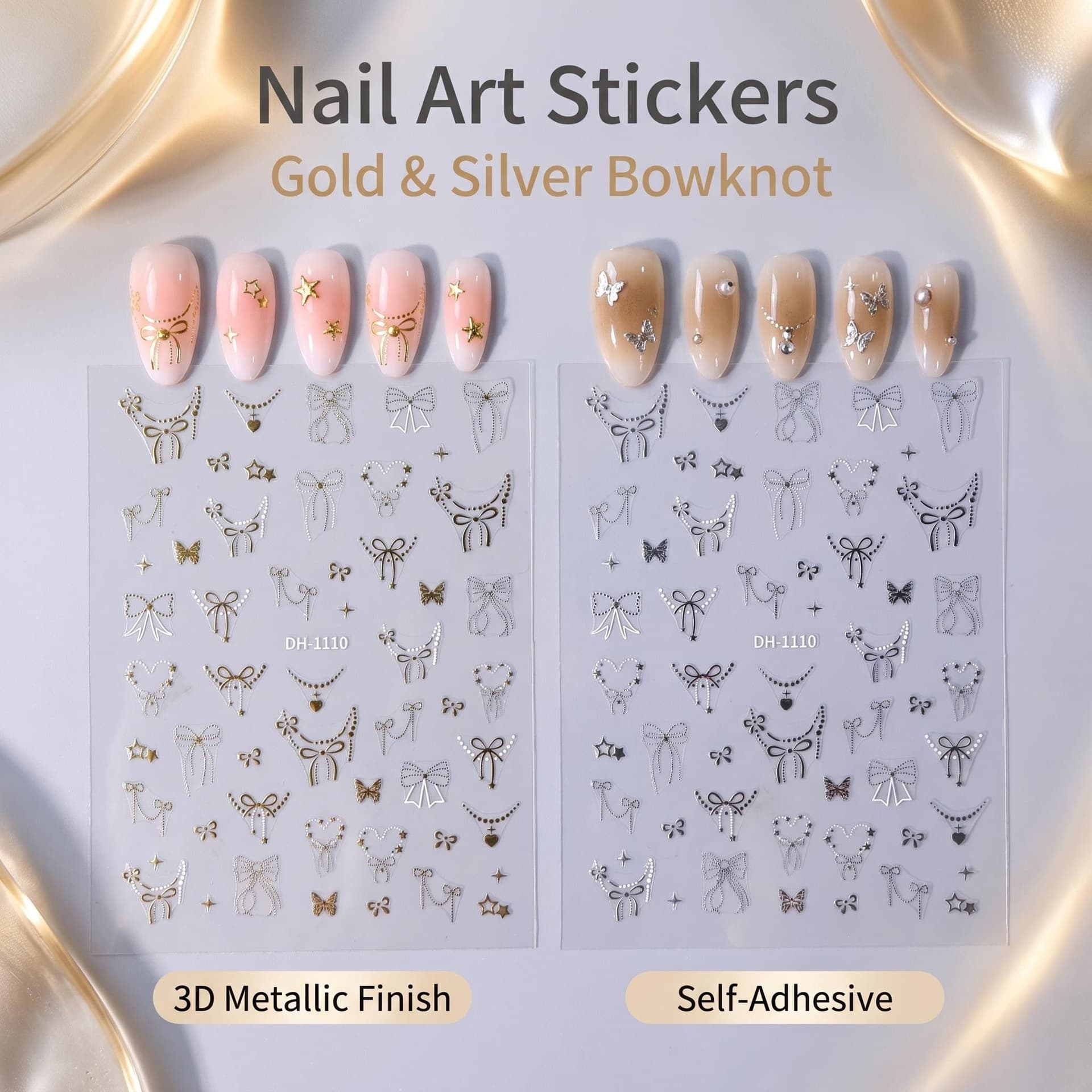 Cross-border hot selling 3D metal nail art stickers, gold and silver bow self-adhesive nail stickers, nail art accessories wholesale