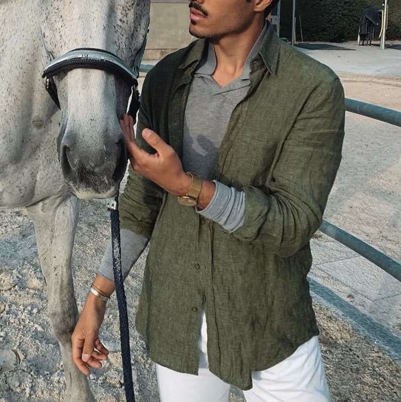 2025 European and American Cross-Border Men's New Wish Long Sleeve Button Cotton Linen Shirt Drop Shipping